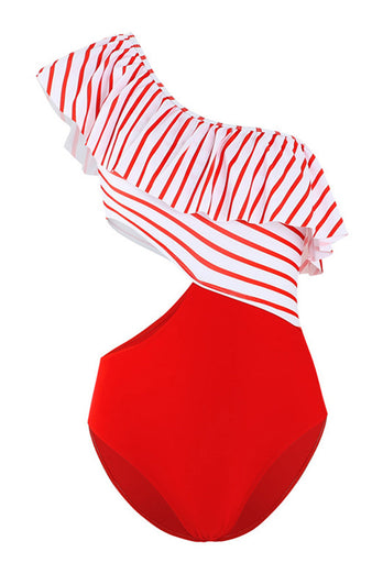 One Shoulder Stripe Red Badetøj med flæser