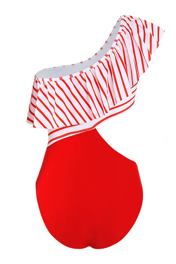 One Shoulder Stripe Red Badetøj med flæser