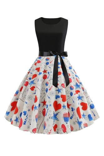 Sort trykt ærmeløs kjole fra 1950'erne med bælte