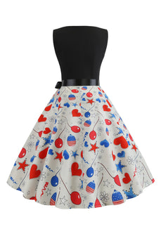 Sort trykt ærmeløs kjole fra 1950'erne med bælte