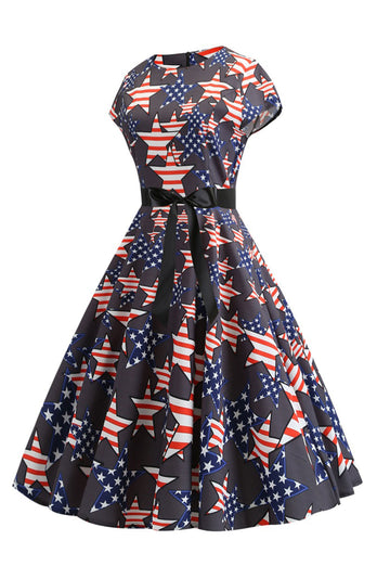 Sorte kasketærmer Amerikansk flag trykt vintage kjole
