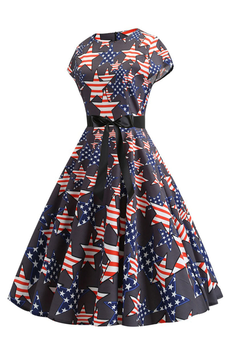 Indlæs billede til gallerivisning Sorte kasketærmer Amerikansk flag trykt vintage kjole