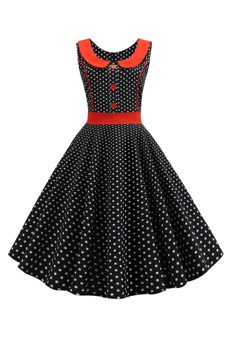 Indlæs billede til gallerivisning Sorte prikker ærmeløs swing vintage kjole