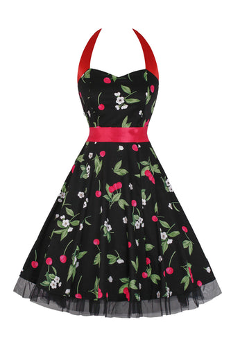 Hepburn stil halter tyl sort trykt 1950'erne kjole