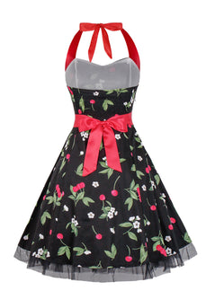 Hepburn stil halter tyl sort trykt 1950'erne kjole