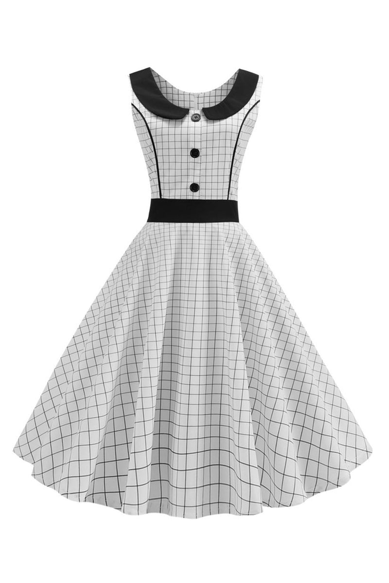 Indlæs billede til gallerivisning Hvid ærmeløs plaid 1950&#39;erne kjole med knap