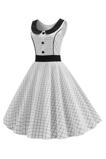 Hvid ærmeløs plaid 1950'erne kjole med knap