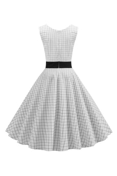 Hvid ærmeløs plaid 1950'erne kjole med knap