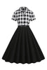 Indlæs billede til gallerivisning V-hals korte ærmer Plaid Black 1950&#39;erne kjole med bælte