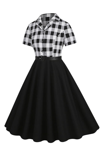 V-hals korte ærmer Plaid Black 1950'erne kjole med bælte