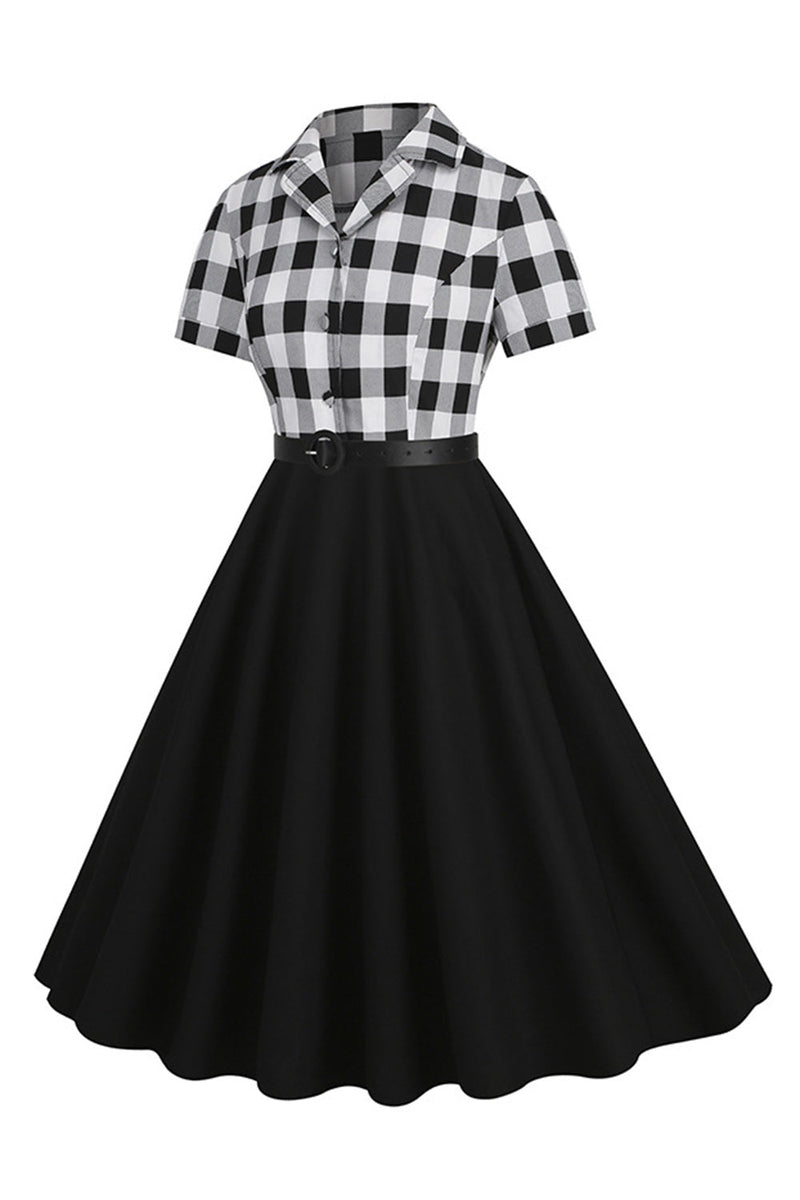 Indlæs billede til gallerivisning V-hals korte ærmer Plaid Black 1950&#39;erne kjole med bælte