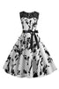 Indlæs billede til gallerivisning Bådhals ærmeløs trykt hvid 1950&#39;erne kjole med skærf