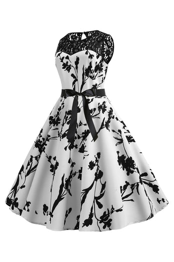 Bådhals ærmeløs trykt hvid 1950'erne kjole med skærf