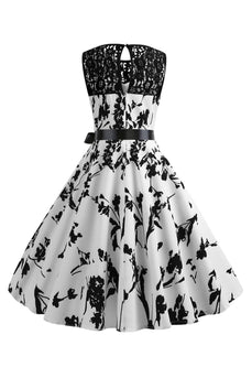 Bådhals ærmeløs trykt hvid 1950'erne kjole med skærf