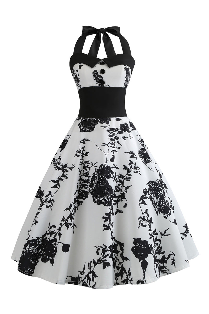 Indlæs billede til gallerivisning Halter trykt hvid 1950&#39;er kjole med knap