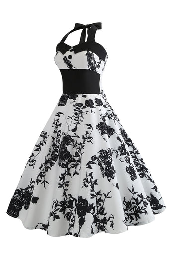 Halter trykt hvid 1950'er kjole med knap