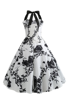 Halter trykt hvid 1950'er kjole med knap