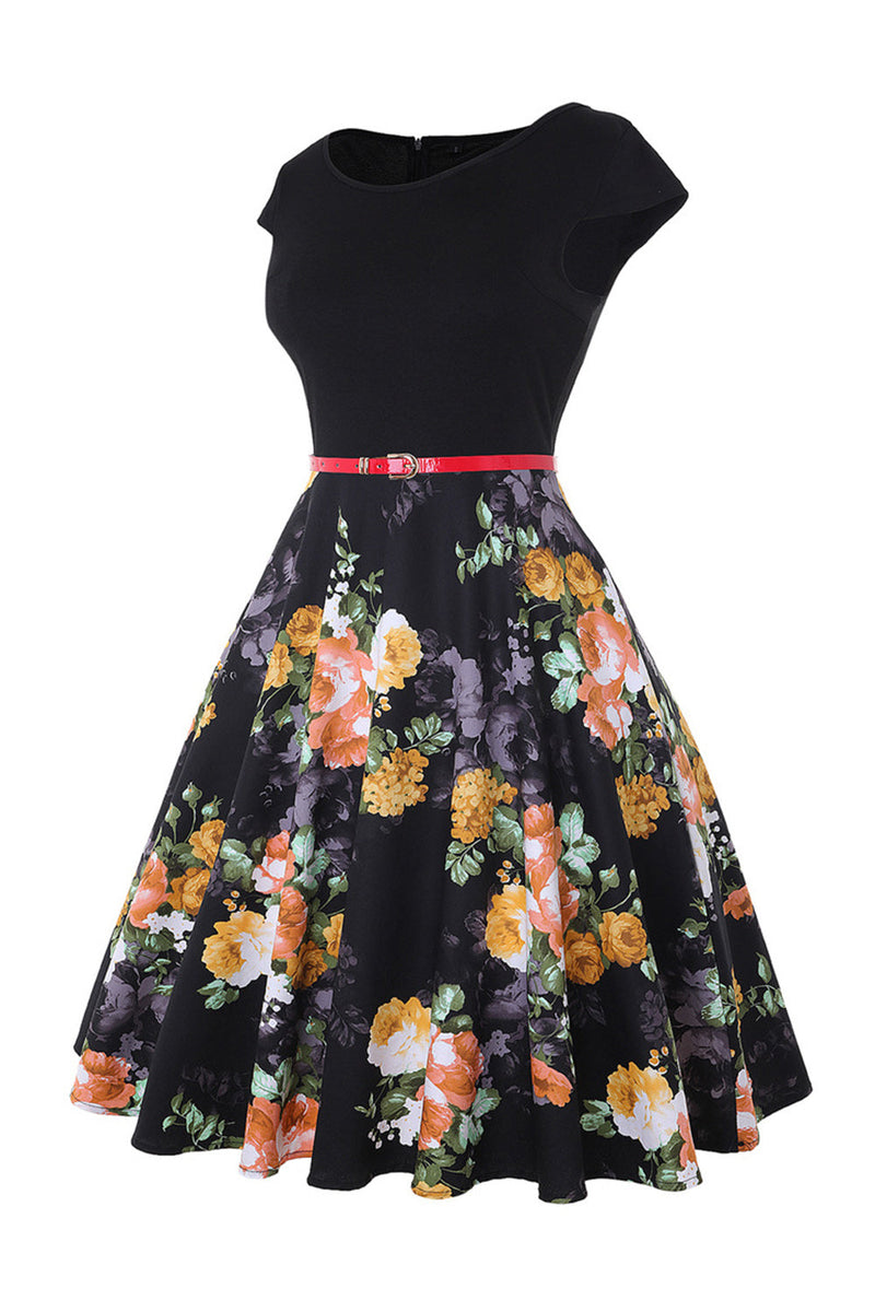 Indlæs billede til gallerivisning Bådhals blomstertrykt sort kjole fra 1950&#39;erne med bælte