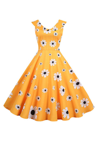 Ærmeløs trykt gul kjole fra 1950'erne