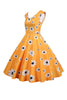 Indlæs billede til gallerivisning Ærmeløs trykt gul kjole fra 1950&#39;erne