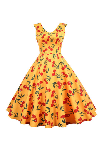 Trykt ærmeløs gul vintage kjole
