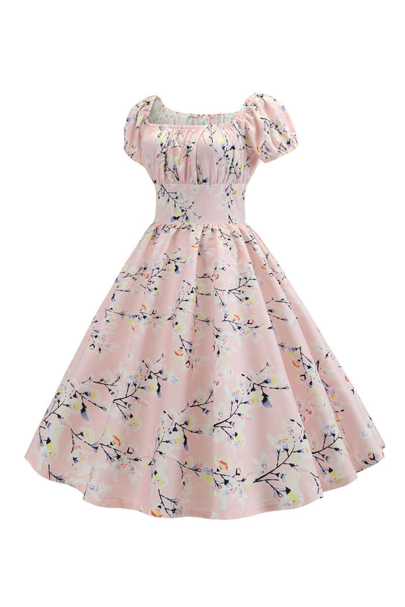 Indlæs billede til gallerivisning Pufærmer trykt lyseblå vintage kjole