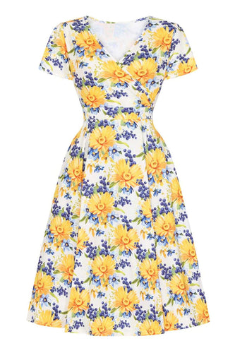 V-hals trykt gul vintage kjole med korte ærmer