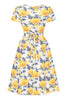 Indlæs billede til gallerivisning V-hals trykt gul vintage kjole med korte ærmer