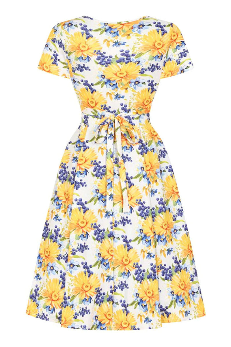 Indlæs billede til gallerivisning V-hals trykt gul vintage kjole med korte ærmer