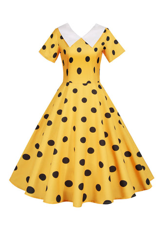 Polka Dots gul vintage kjole med korte ærmer