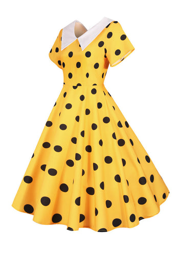 Polka Dots gul vintage kjole med korte ærmer