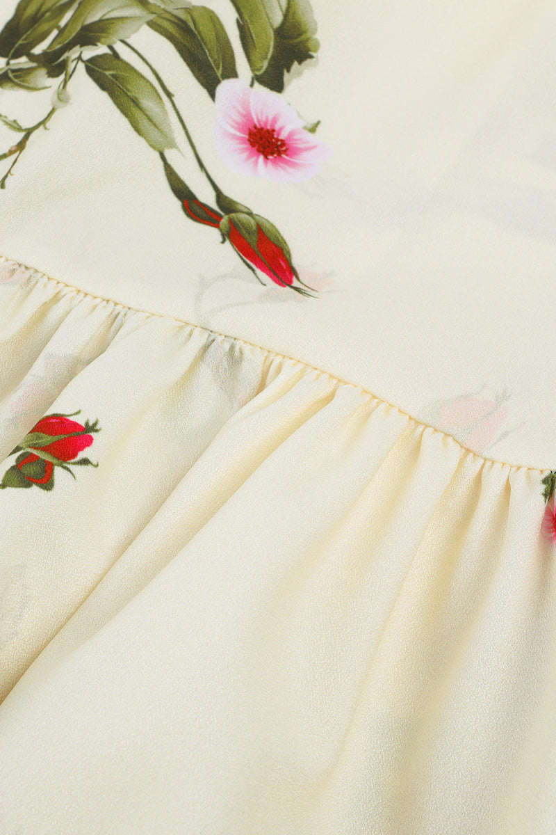 Indlæs billede til gallerivisning Bådhals trykt beige vintage kjole med bælte