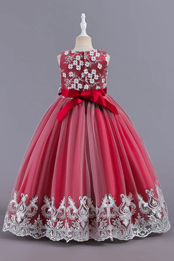 Pink ærmeløs rund hals applique piger kjoler med bowknot