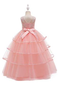 En linje pink ærmeløs bowknot piger kjoler med applikationer