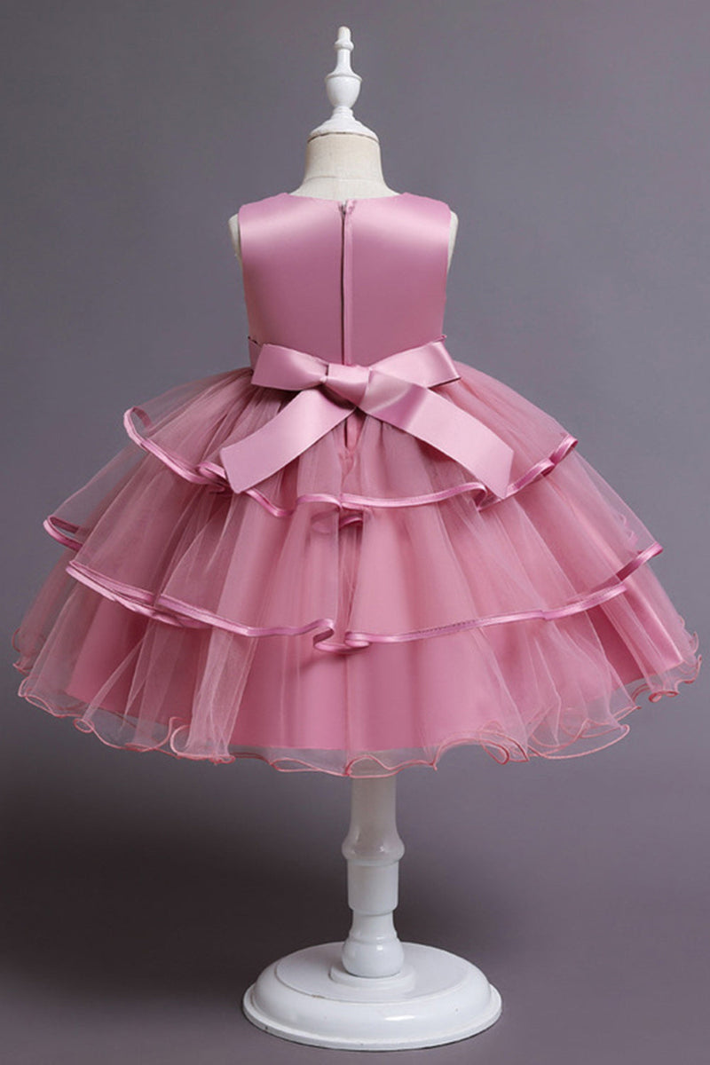 Indlæs billede til gallerivisning Pink A Line applikationer ærmeløse runde hals piger kjoler