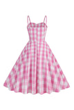 Spaghetti stropper Plaid pink 1950'erne kjole