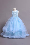 Tulle Beaded Blue Girls Kjoler med applikationer