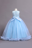 Tulle Beaded Blue Girls Kjoler med applikationer