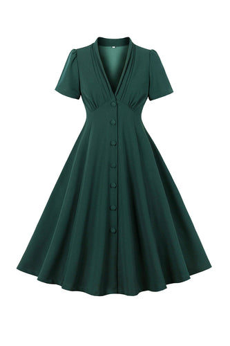 Grøn dyb V-hals 1950'er kjole med korte ærmer