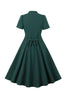 Indlæs billede til gallerivisning Grøn dyb V-hals 1950&#39;er kjole med korte ærmer