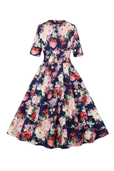 Navy blomstertrykt swing 1950'erne kjole med korte ærmer