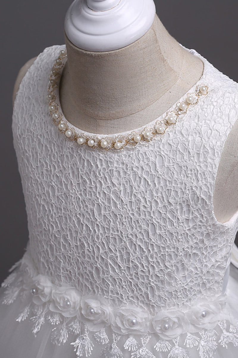 Indlæs billede til gallerivisning Hvid rund hals perler A Line piger kjoler
