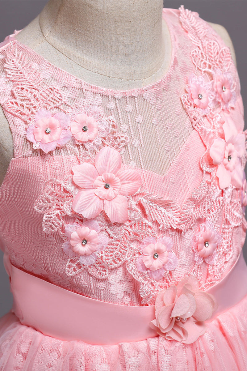 Indlæs billede til gallerivisning Lyserøde piger med rund hals kjoler med 3D blomster