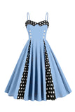 Lyseblå Polka Dots Spaghetti Stropper 1950'erne Kjole
