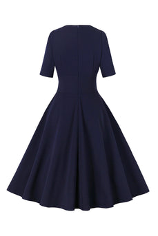 Navy halværmer V hals 1950'erne kjole
