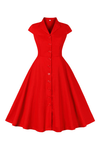 Rød V-hals 1950'er kjole med korte ærmer