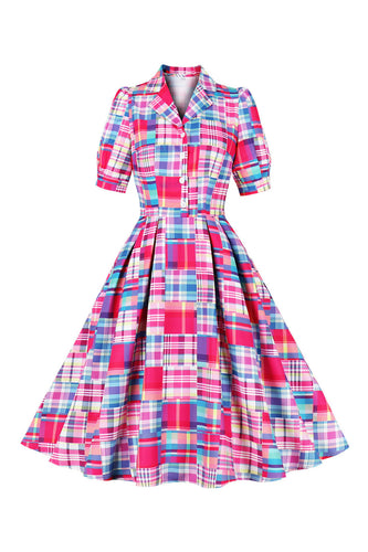 Pink knap halværmer Plaid 1950'erne kjole