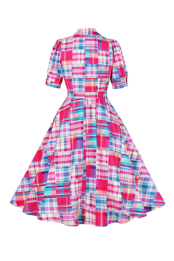 Pink knap halværmer Plaid 1950'erne kjole