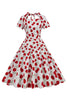 Indlæs billede til gallerivisning Hvide kirsebærprint halter vintage kjole med korte ærmer
