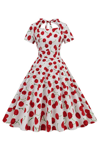 Hvide kirsebærprint halter vintage kjole med korte ærmer
